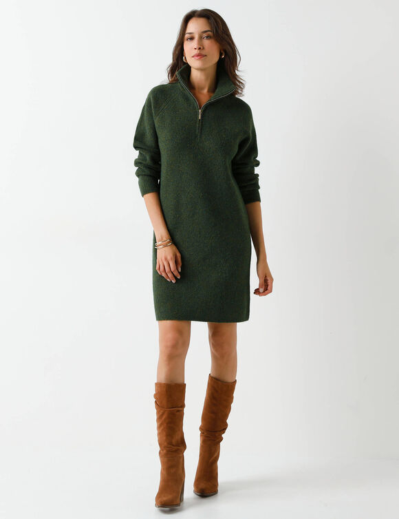 Robe pull col camionneur, maille c&ocirc;tel&eacute;e en laine m&eacute;lang&eacute;e (vert olive)