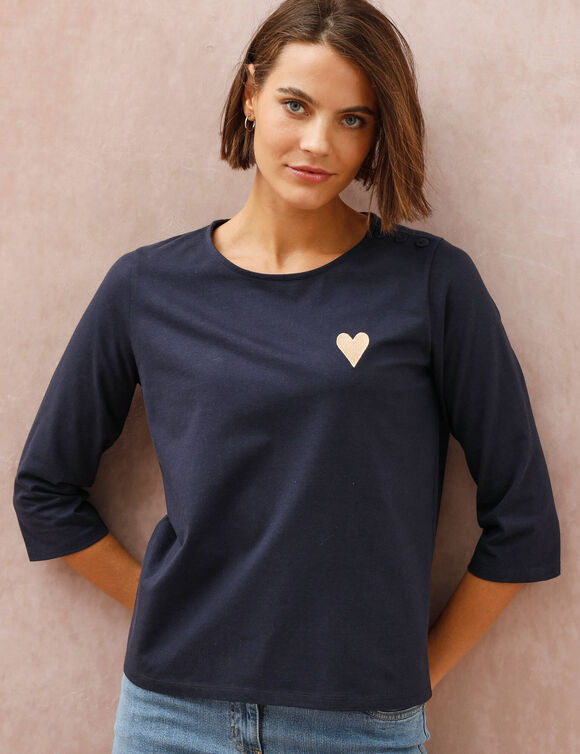 Effen T-shirt met knoopsluiting en hartvormig borduursel, in biologisch katoen(**) (marine)