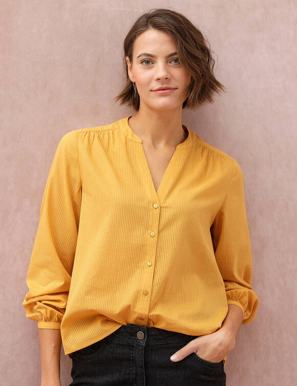 Chemisier boutonn&eacute; col mao uni, coton dobby (safran)