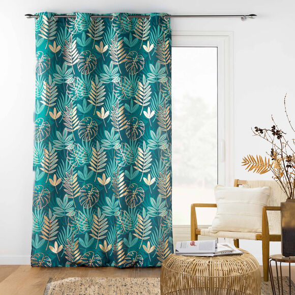 Rideau &agrave; &oelig;illets motif tropical, d&eacute;tails m&eacute;tallis&eacute;s (&eacute;meraude / dor&eacute;)