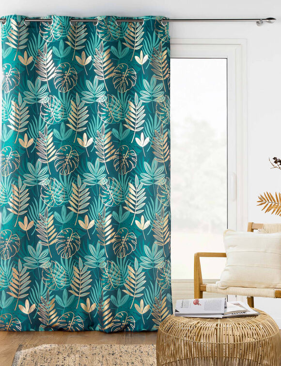 Rideau &agrave; &oelig;illets motif tropical, d&eacute;tails m&eacute;tallis&eacute;s (&eacute;meraude / dor&eacute;)
