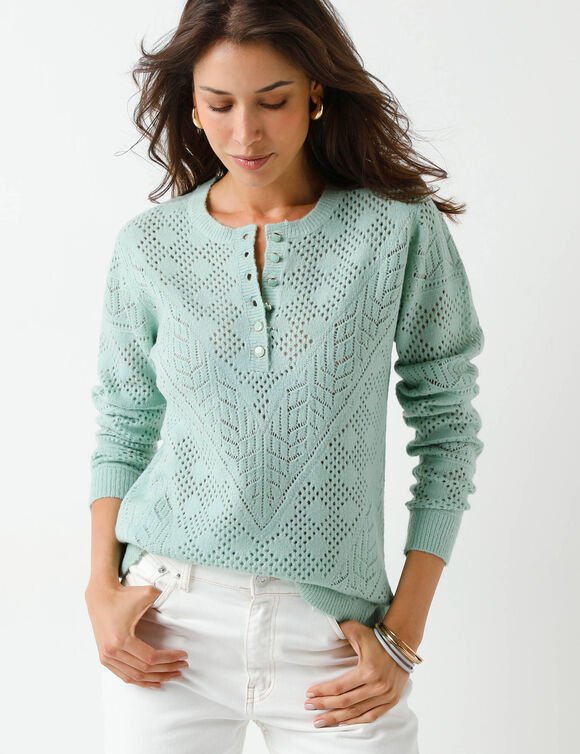 Pull col tunisien en maille ajourée (vert d'eau)