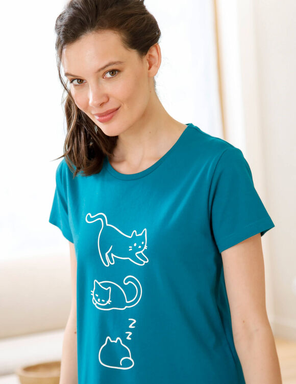 Chemise de nuit longue manches courtes, imprim&eacute; chat - lot de 2 (lagon + &eacute;meraude)