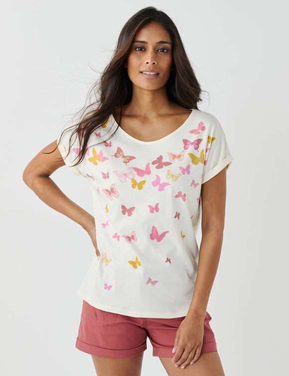 T-shirt boite, imprim&eacute; papillons (vanille)