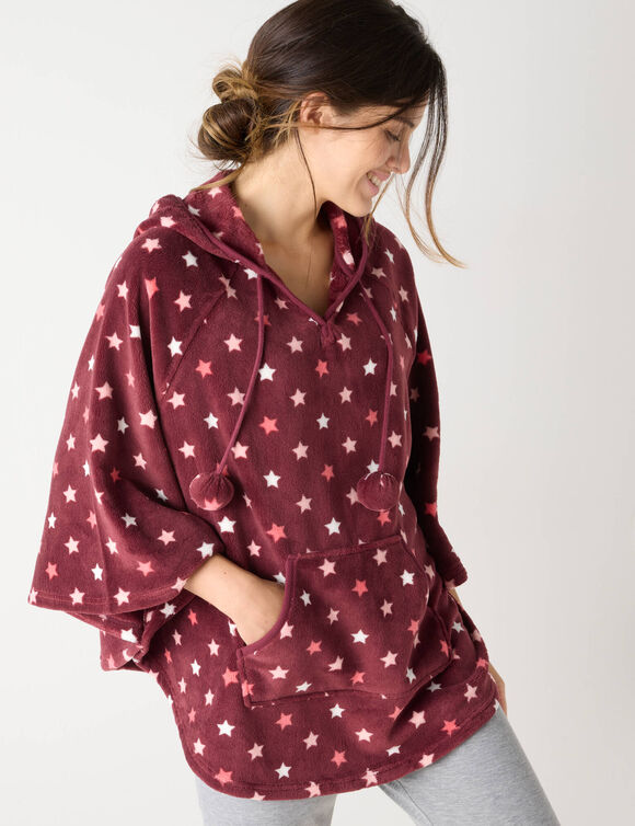 Poncho in fleece met pluchetouch en kap (bordeaux / koraal)