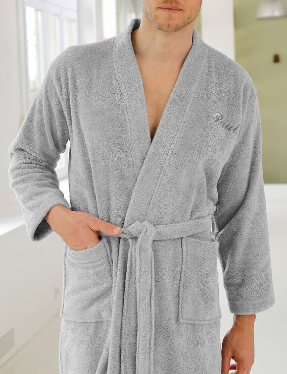 Peignoir mixte adulte uni coton éponge bouclette col kimono personnalisé (gris)