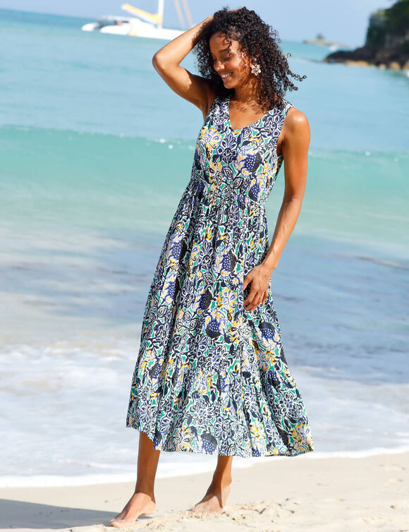 Robe longue &agrave; volants, cr&eacute;pon imprim&eacute; (bleu / vert)