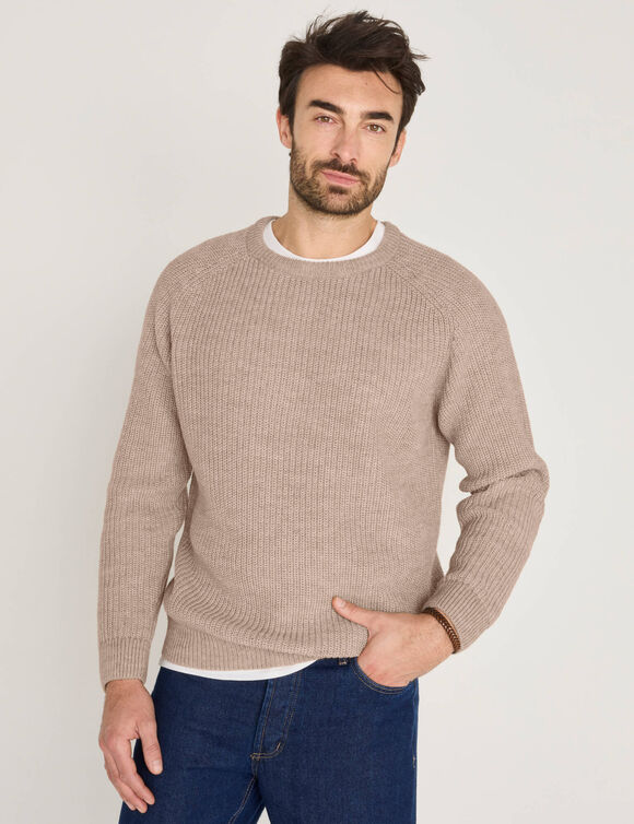 Trui met ronde hals, hamermouwen en Engelse ribbel, 30% wol (gespikkeld blauw)