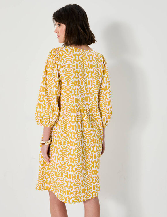 Robe courte évasée, imprimé ikat (miel / blanc)
