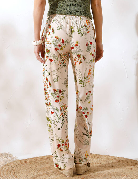 Pantalon large fluide, imprim&eacute; fleuri (&eacute;cru / kaki)