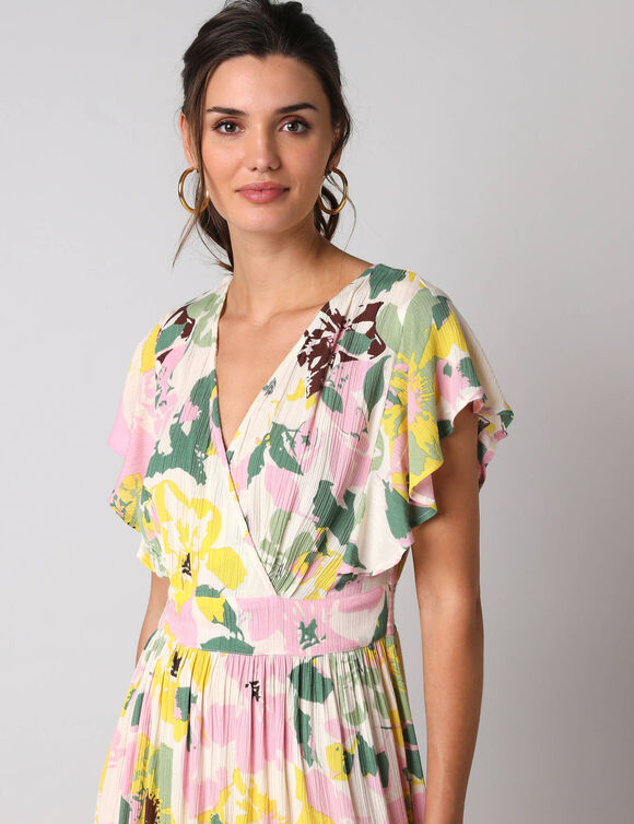 Robe cache-coeur imprim&eacute;e, cr&eacute;pon (jaune / vert)