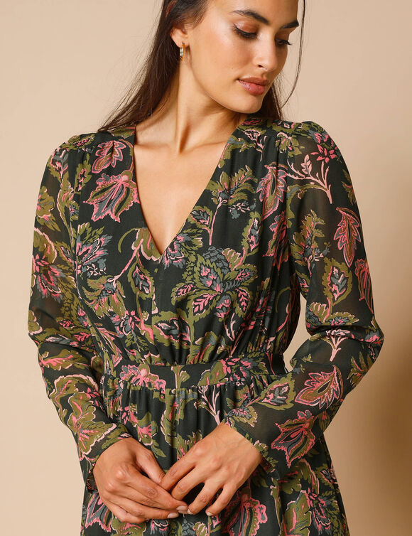 Robe courte col V, voile imprimé (noir / bronze)