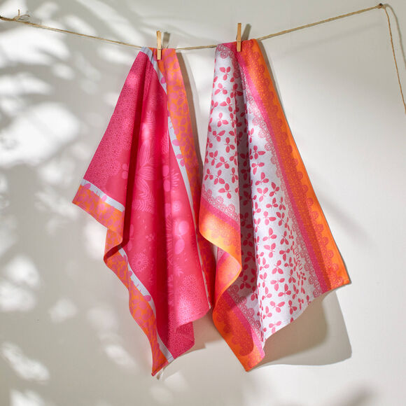 Katoenen droogdoek met ingeweven "zomertuin" jacquardmotief - set van 2 (roze)