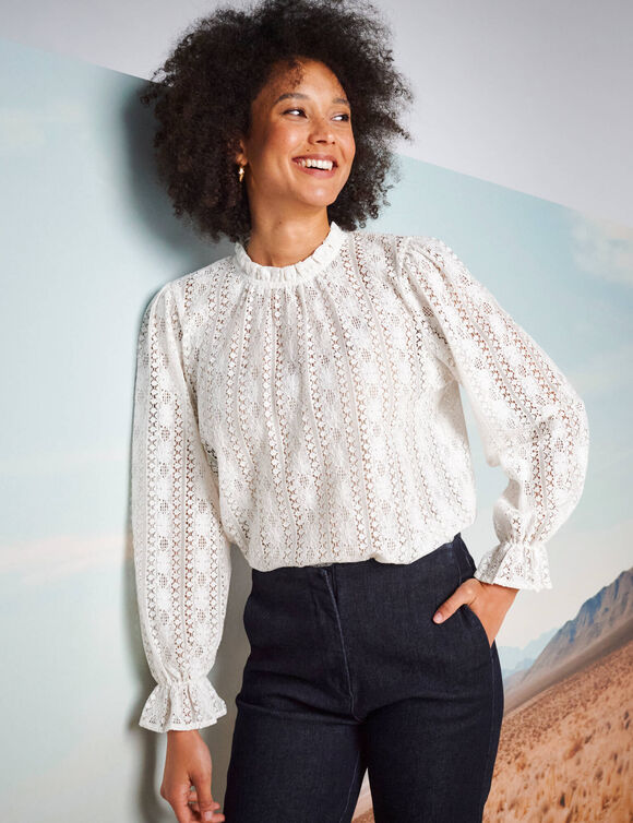 Blouse col victorien unie, dentelle (écru)