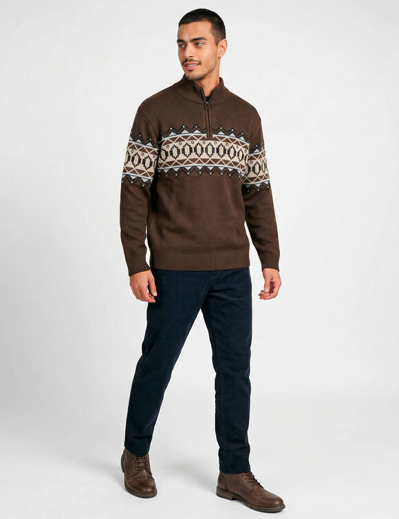 Pull jacquard col montant zipp&eacute; (marron)