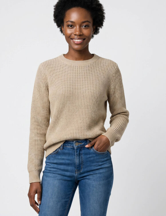 Pull col rond maille anglaise (beige chin&eacute;)