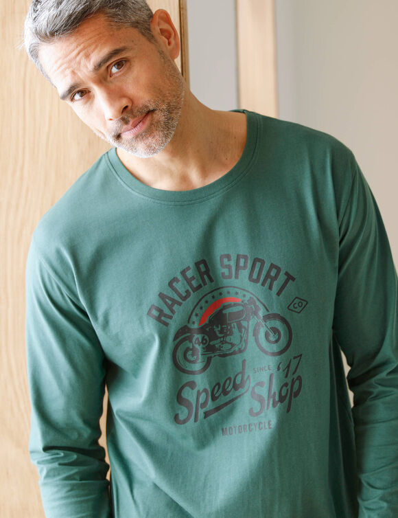 T-shirt pyjama impression placée manches longues (vert foncé)