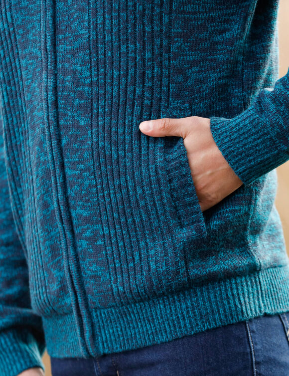 Gilet col montant zippé en tricot, corps doublé polaire (bleu canard mouliné)
