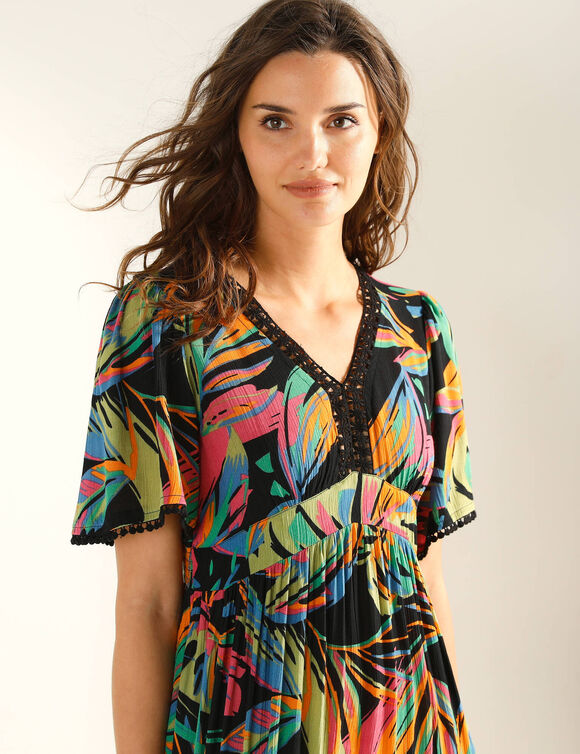 Robe longue macram&eacute;, imprim&eacute; tropical (zwart)