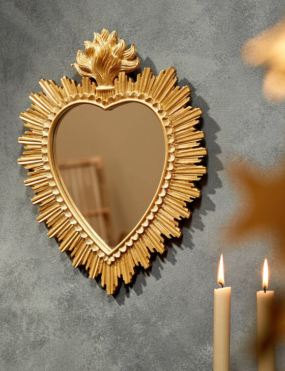 Miroir ex-voto forme c&oelig;ur, polyr&eacute;sine dor&eacute;e (dor&eacute;)