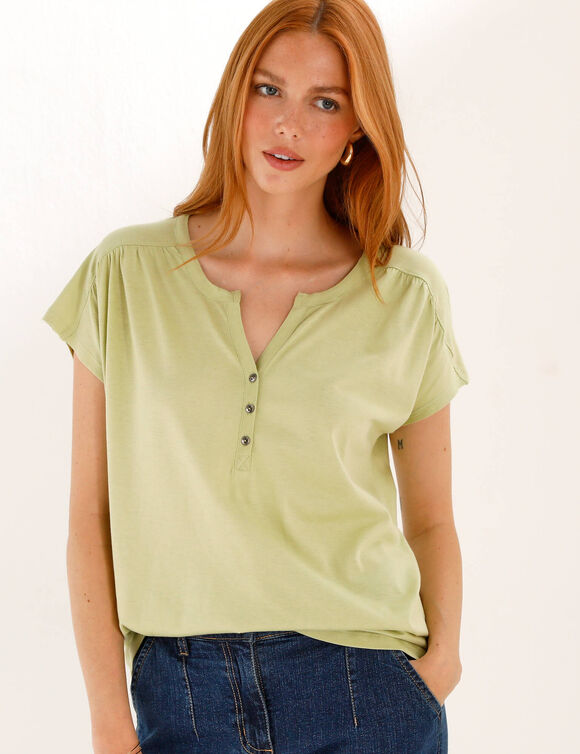Tee-shirt col tunisien manches courtes, uni (vert tilleul)