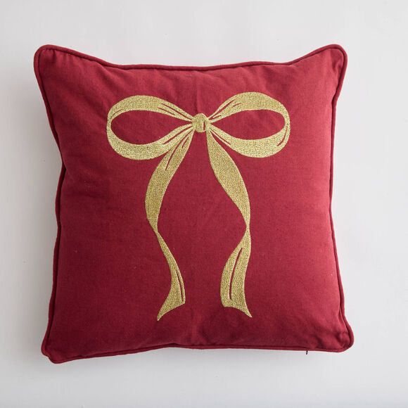 Coussin carr&eacute; brod&eacute; n&oelig;ud, en coton/lin (rouge)