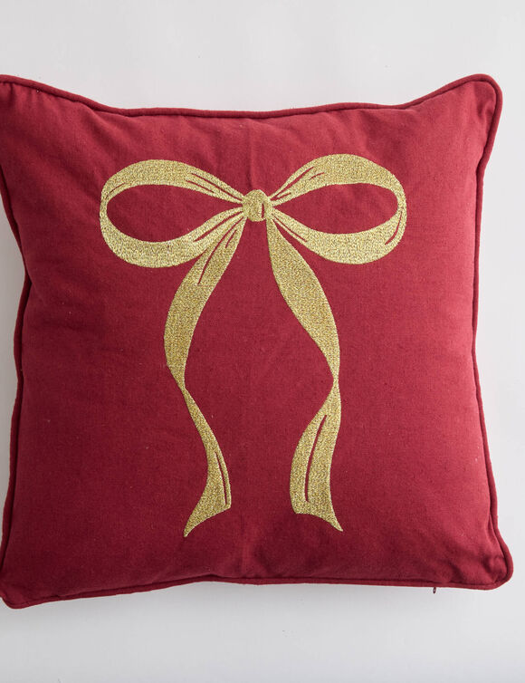 Coussin carr&eacute; brod&eacute; n&oelig;ud, en coton/lin (rouge)