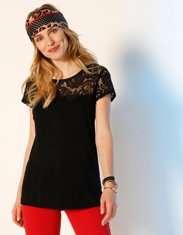 Tee-shirt dentelle col rond manches courtes (noir)