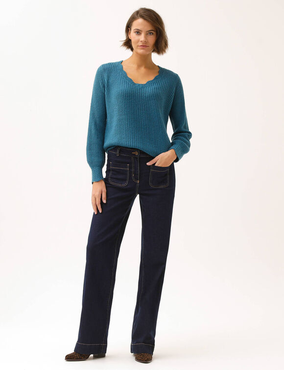 Pull col V, maille anglaise (bleu p&eacute;trole)