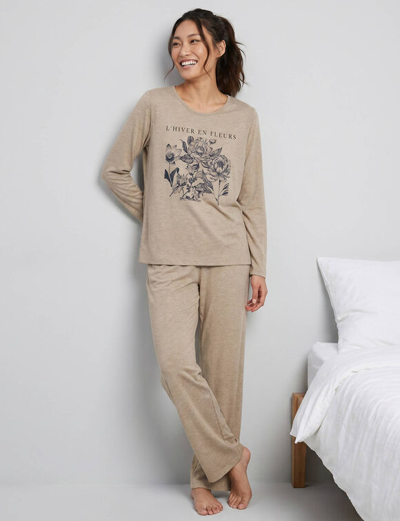 Pyjama en coton imprim&eacute; plac&eacute; "L'hiver en fleurs", manches longues (taupe chin&eacute;)