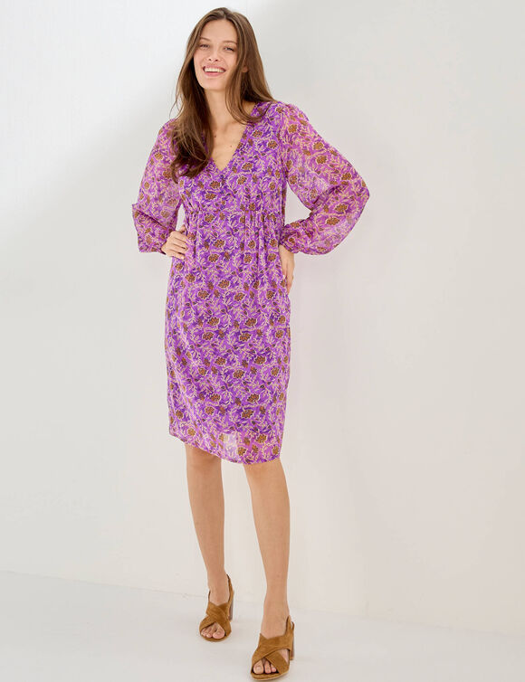 Robe courte, en voile imprim&eacute; (violine / &eacute;cru)