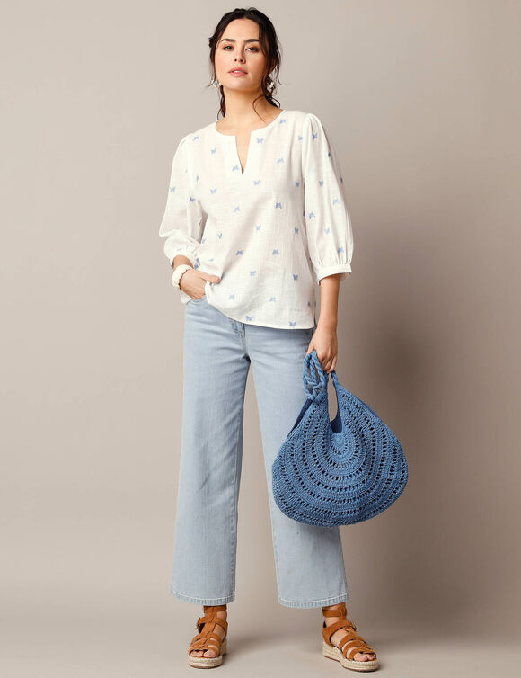 Bloes met 3/4-mouwen, vlinderborduursel (wit)