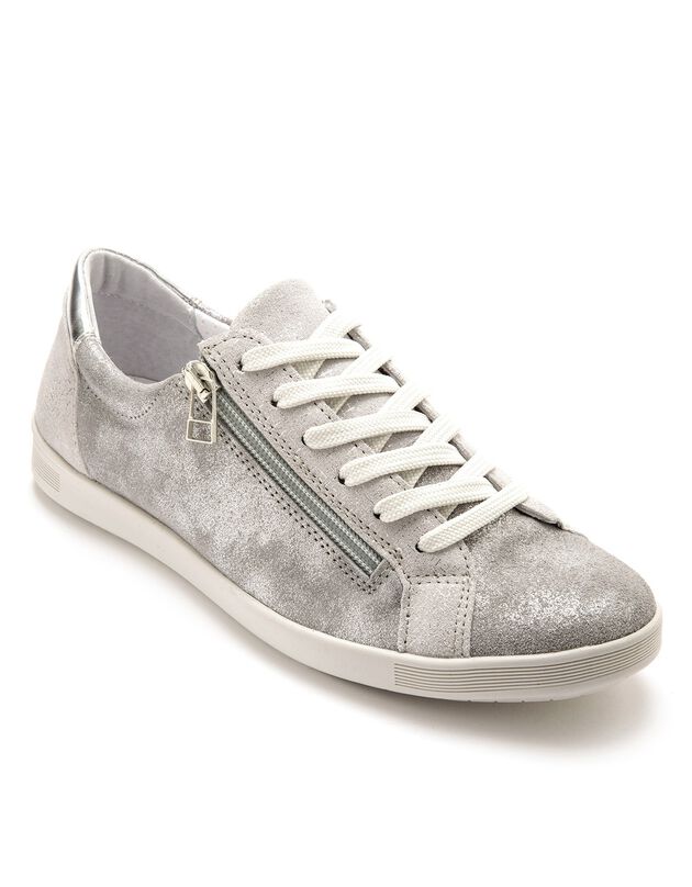 Leren sneakers met veters en rits - glanzend grijs (grijs)