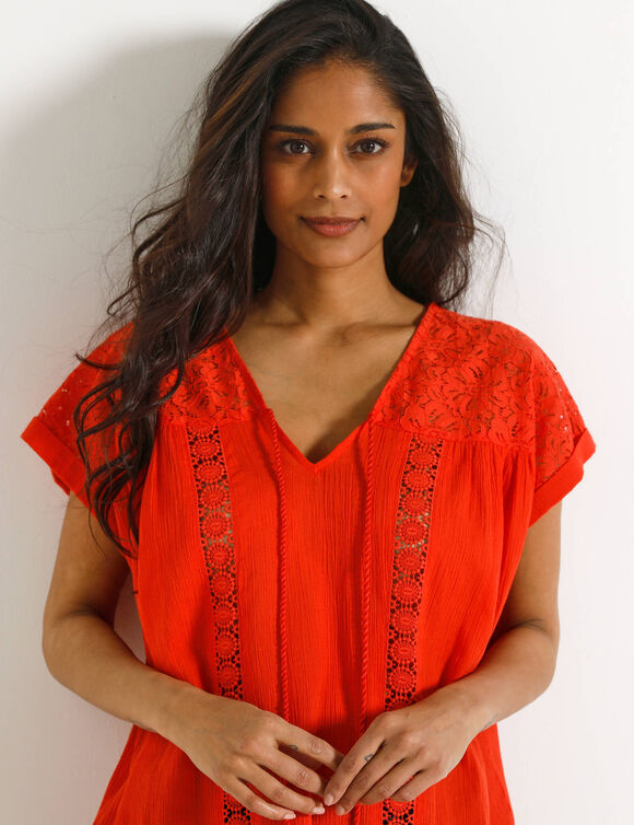 Blouse macram&eacute;, cr&eacute;pon coton (rouge)