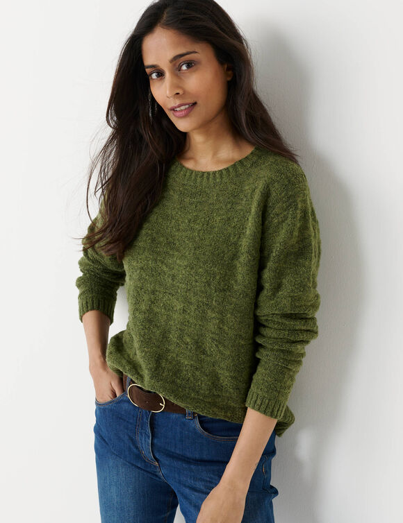Pull col rond, maille fantaisie en laine m&eacute;lang&eacute;e (vert mousse)