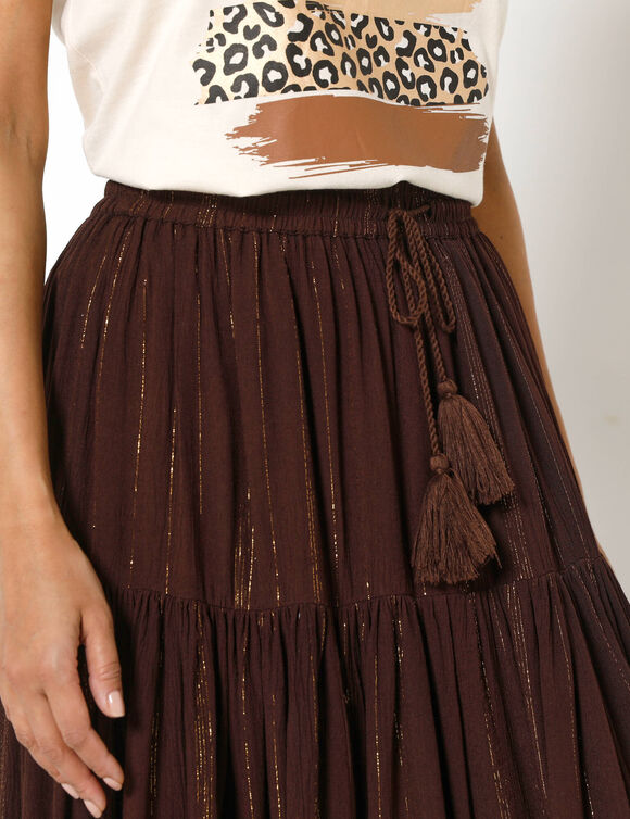 Jupon long en cr&eacute;pon et fils brillants, taille &eacute;lastiqu&eacute;e (chocolat / dor&eacute;)