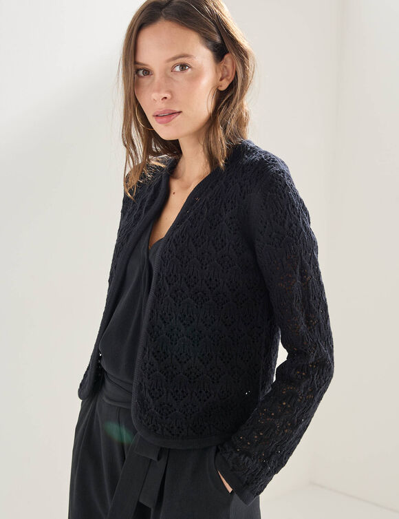 Gilet manches longues, maille ajour&eacute;e fantaisie (noir)
