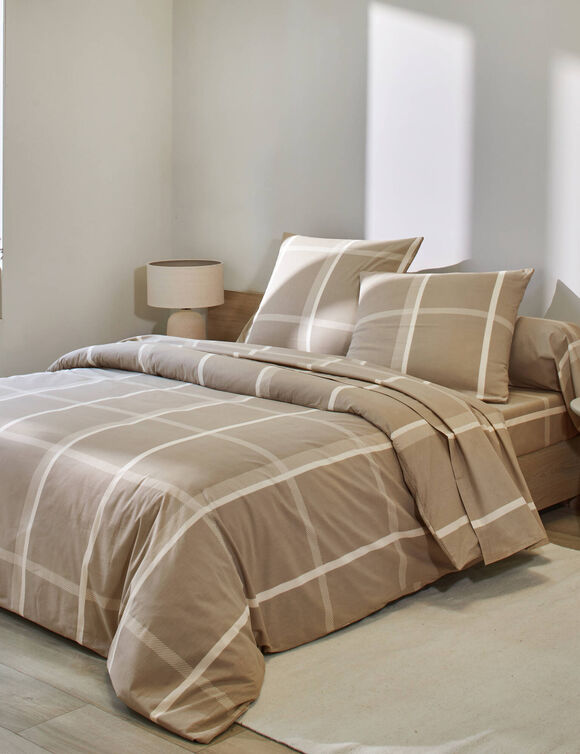 Linge de lit C&eacute;sar en coton imprim&eacute; carreaux (beige / &eacute;cru)