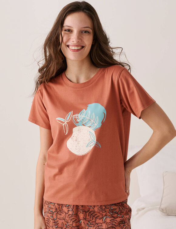 T-shirt de pyjama manches courtes imprim&eacute; "feuillage" (terracotta)