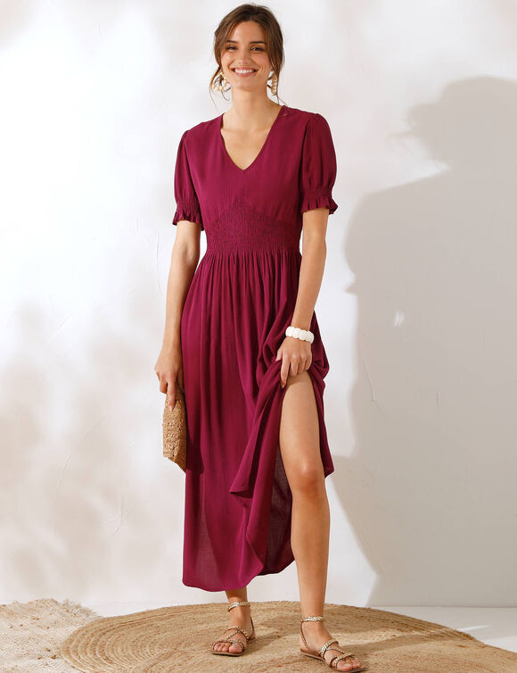 Robe longue col V unie, crépon (violet)