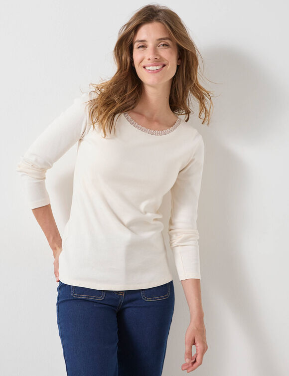 T-shirt manches longues biais dentelle avec brassière - chaleur douce (écru)