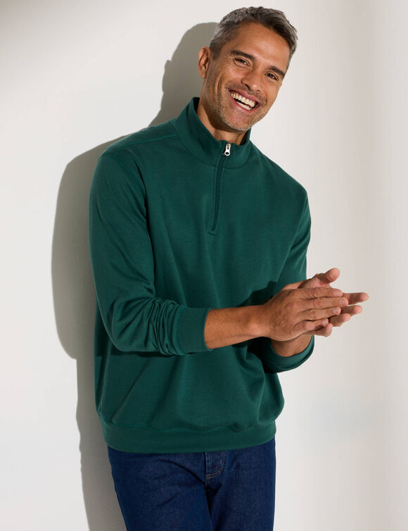 Sweatshirt van molton met trucker-kraag en ritssluiting (dennengroen)