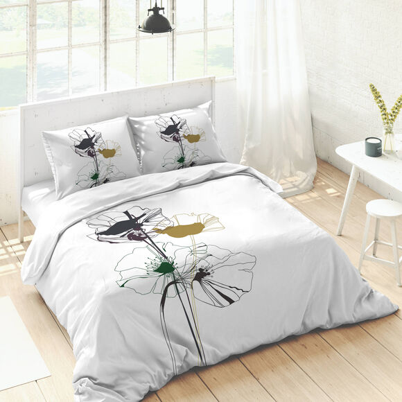 Bedrukt katoenen Poppy beddengoed (wit)