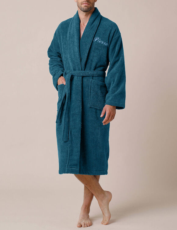 Peignoir mixte adulte éponge bouclette col châle personnalisable (bleu paon)