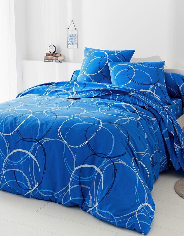 Bedlinnen in polyester-katoen Noémie met cirkelprint, blauw, hi-res