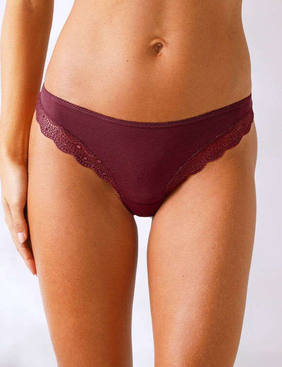 Culotte forme tanga en coton et dentelle - lot de 3 (prune + fuchsia + ivoire)