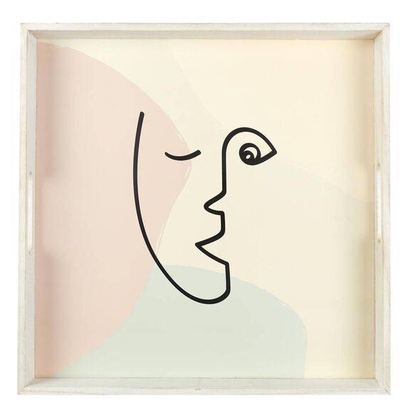 Plateau carr&eacute; en bois, motif visage (multicolore)