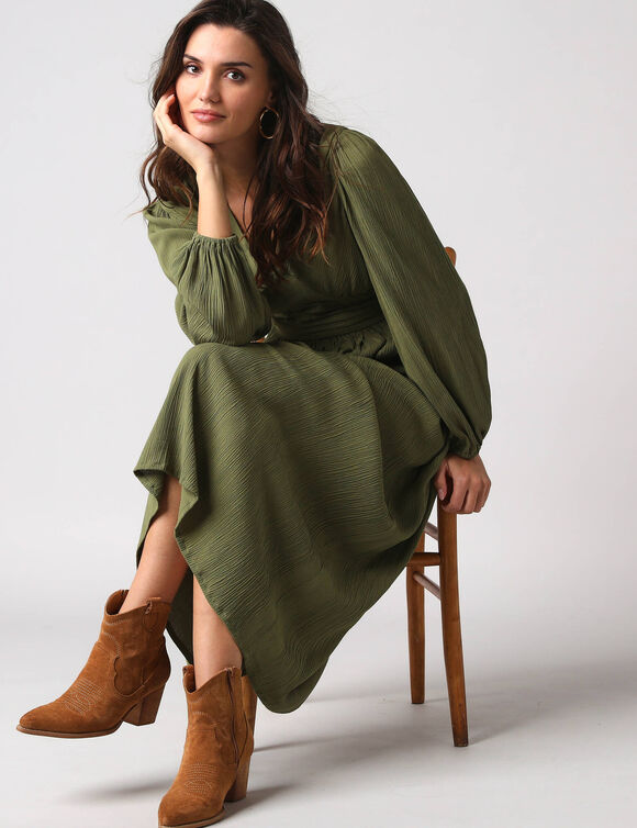 Robe longue col V manches bouffantes, en cr&eacute;pon (vert)