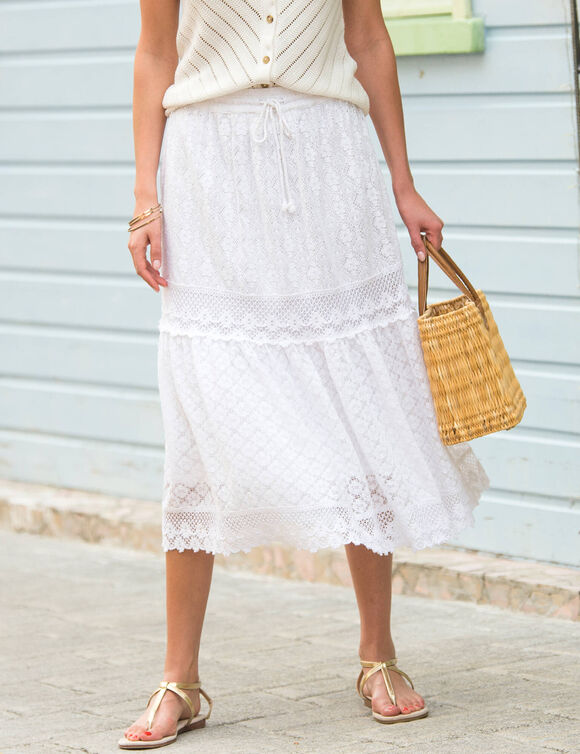Jupe mi-longue, dentelle et macram&eacute; (blanc)