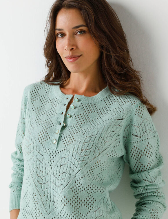 Pull col tunisien en maille ajourée (vert d'eau)